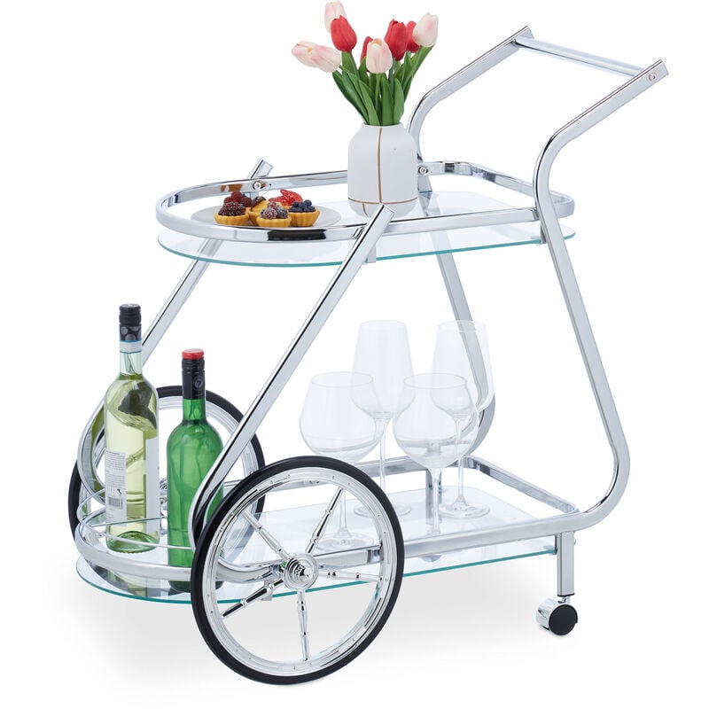 Chariot, roulettes et roues, 2 étages, verre et fer chromé, hlp : 76x76x46 cm, desserte, transparent-argenté - Relaxdays