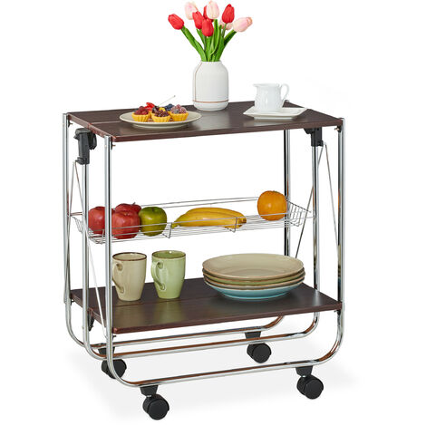 Relaxdays Chariot de service, pliant, 4 roues, 2 étagères, panier, HxLxP : 70x68x40 cm, table roulante, marron-argenté