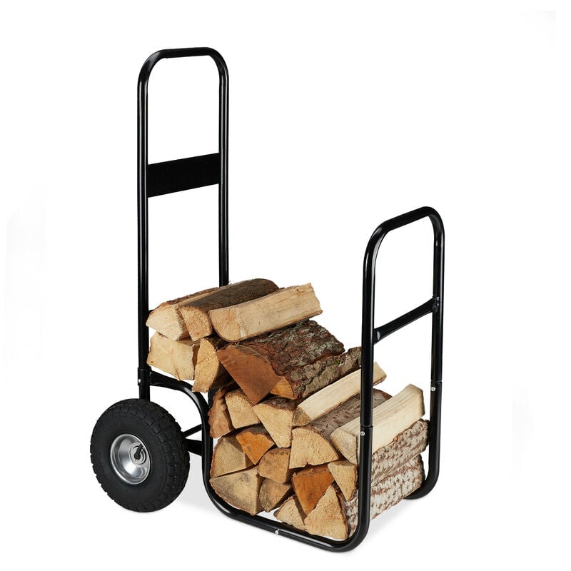 Relaxdays - Chariot pour bûches de bois, en acier, sur roues pneumatiques, capacité de 60 kg, intérieur, extérieur, noir