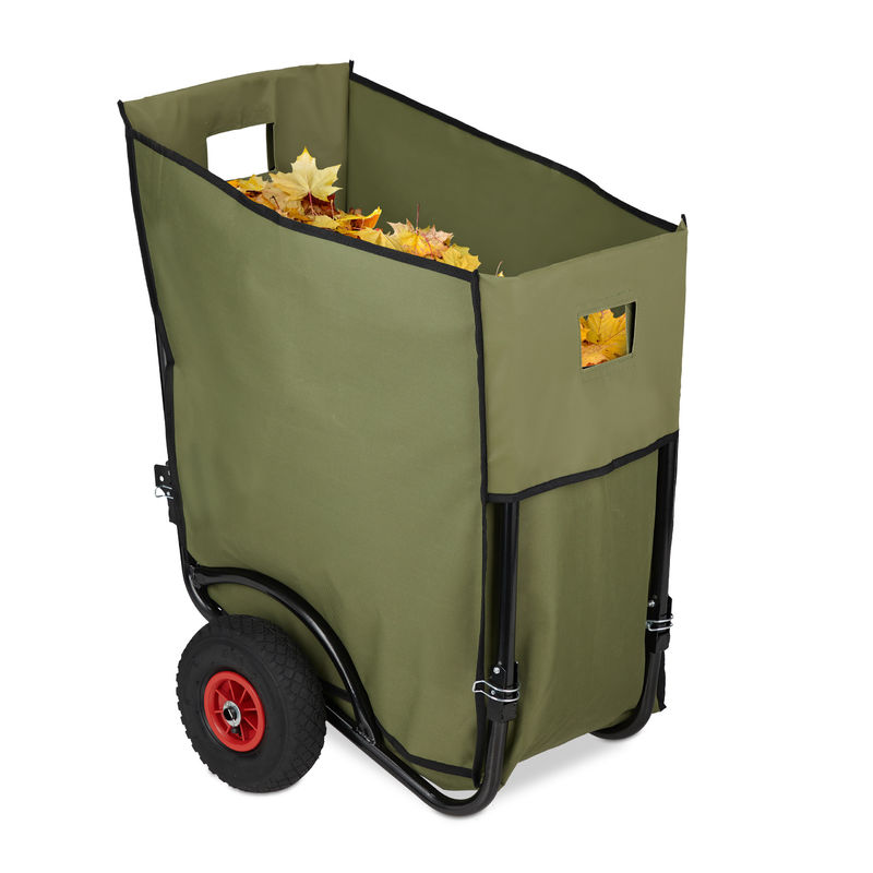 Relaxdays - Chariot pour feuilles mortes, Charrette de jardin, brouette, 2 roues, Sac pour feuilles de 160 litres, vert