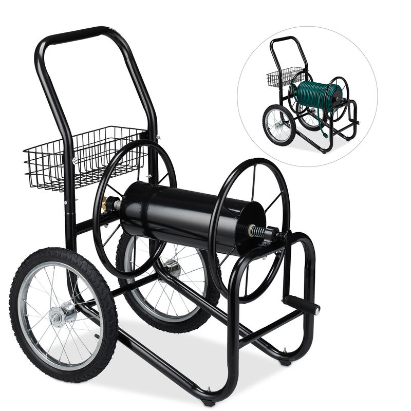 Relaxdays - Chariot pour tuyau, tambour mobile, connexion 1/2 & 3/4 de pouce jusqu'à 90 de long, 2 roues, métal, noir
