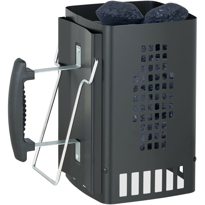 Cheminée d'allumage, avec poignée de sécurité & support maintien, hlp : 27 x 28 x 17 cm, pour barbecue, noir - Relaxdays