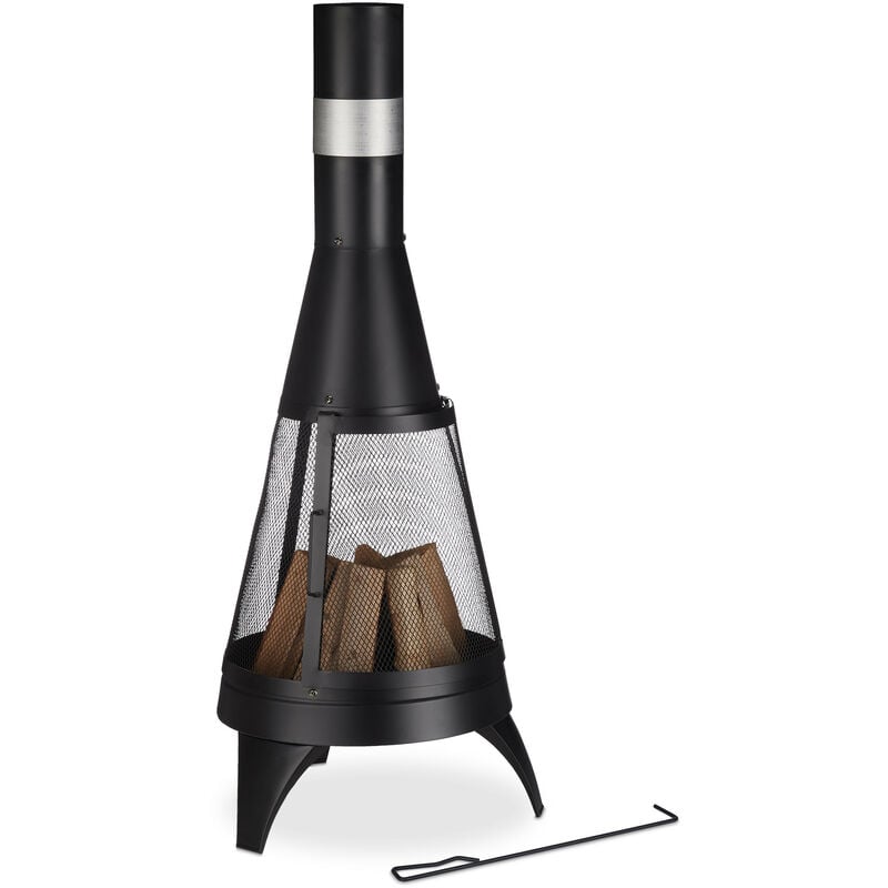 Relaxdays - Cheminée de terrasse, avec pare-étincelle, avec grille et tisonnier, HxD : 120 x 47 cm, braséro jardin, noir