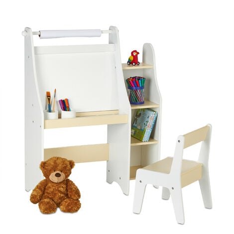 Relaxdays Children's Drawing Stand, with Chair, Shelves & Paper Roll, HWD: 90 x 72 x 30 cm, Painting Board, White/Beige