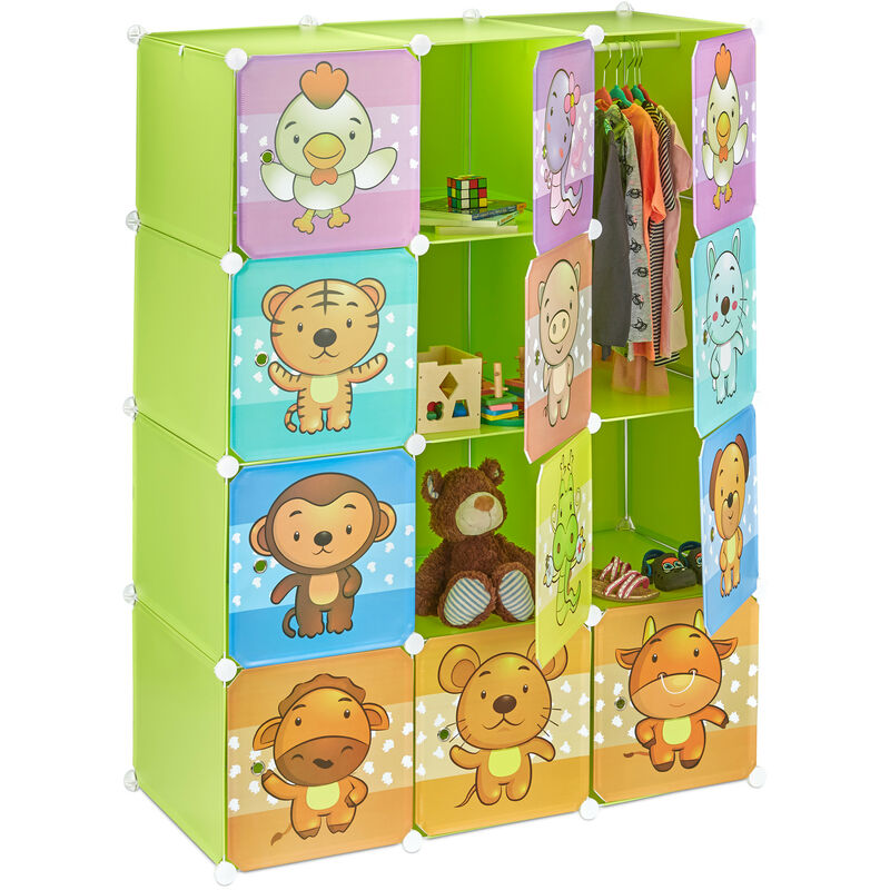 Relaxdays - Children's Modular Shelf, Cute Animal Prints, Plastic System, Doors, Wardrobe, Clothes Rails, Green