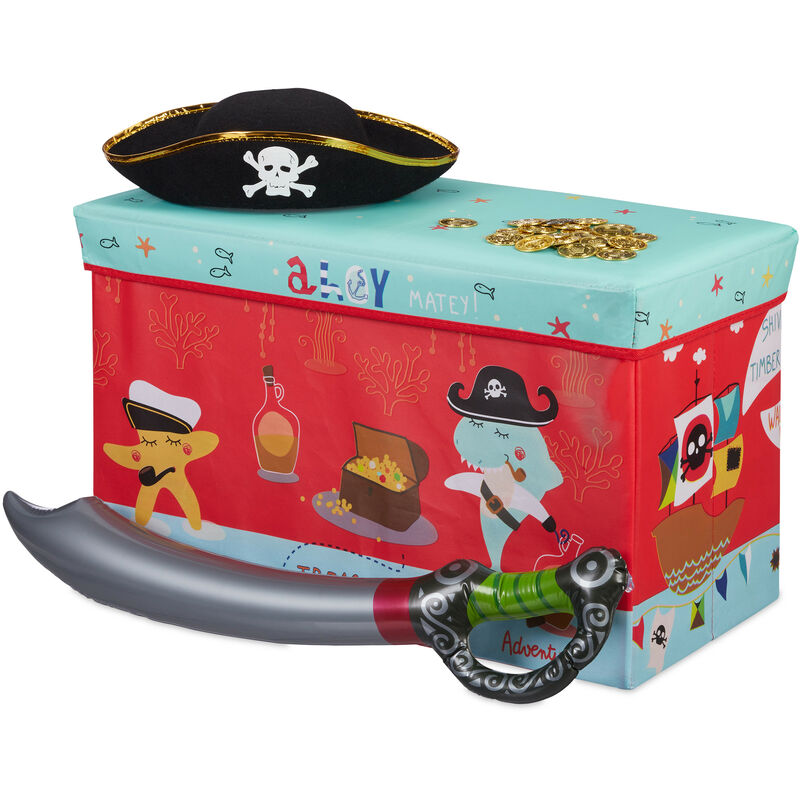 Relaxdays Children's Ottoman, Folding Storage Box for Boys and Organisers, 50 Litres, Compact, Pirates, Red