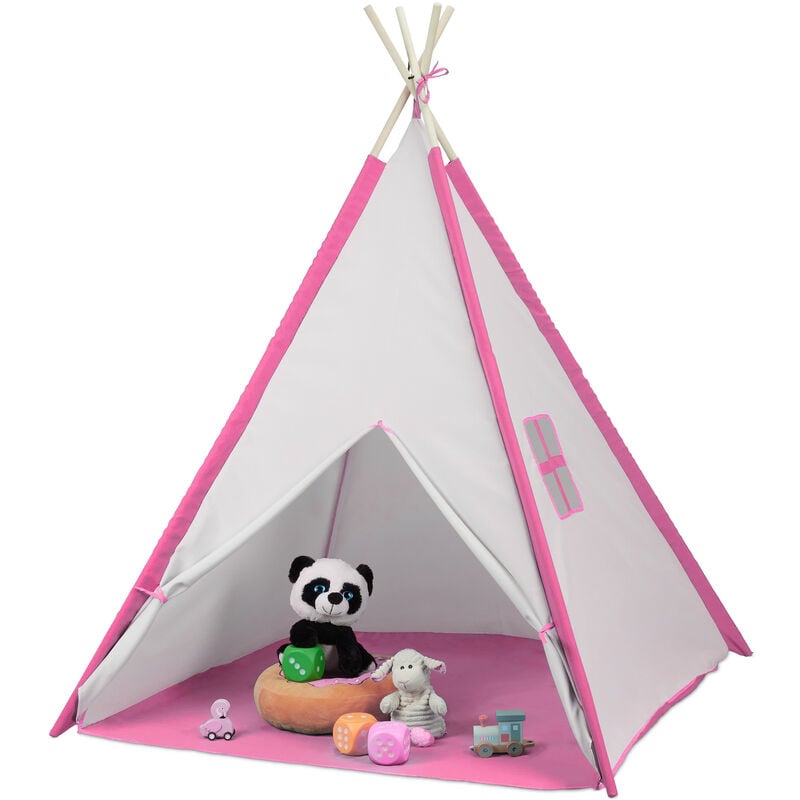 Children's Play Tent, Tipi for Kids, with Floor Mat, Wigwam, Playroom, hwd: 154 x 124 x 124 cm, White/Pink - Relaxdays
