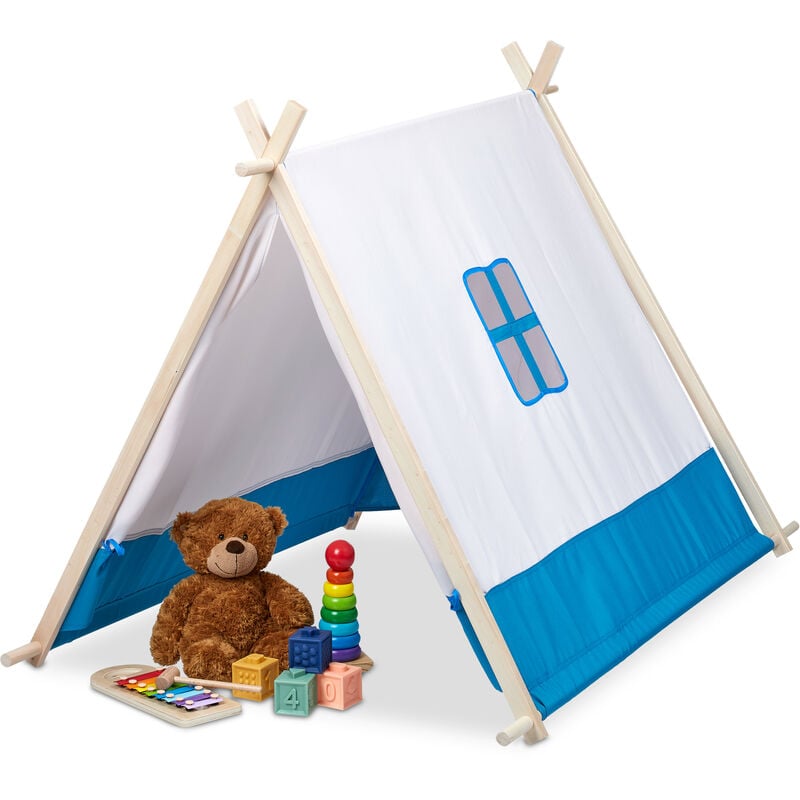 Relaxdays Children's Play Tent, with Window & Door, Wigwam, HWD: 92 x 86 x 120 cm, Indoor, Wooden Frame, Blue/White