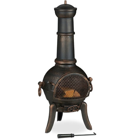 Relaxdays Chimenea Exterior Grande, Salvachispas, Atizador, Rejilla Leña, Tiro con Tapa, Hierro Fundido, Acero, Bronce