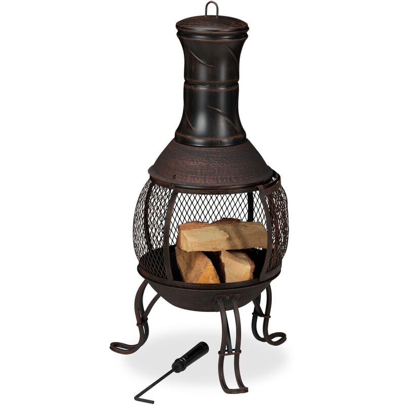 Chiminea, fire poker, grate, spark guard, garden, outdoor, fire pit, height 89 cm, gold - Relaxdays