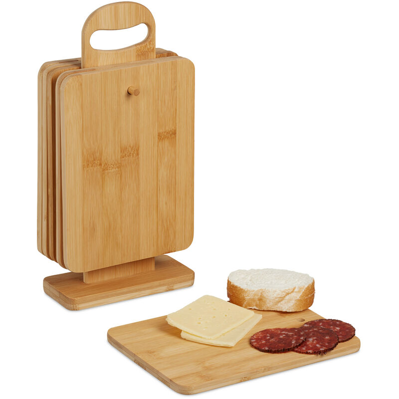 Relaxdays Chopping Boards with Stand, Set of 6, Cutting Mats, 22 x 16 cm, Bamboo, Kitchen Food Preparation, Natural