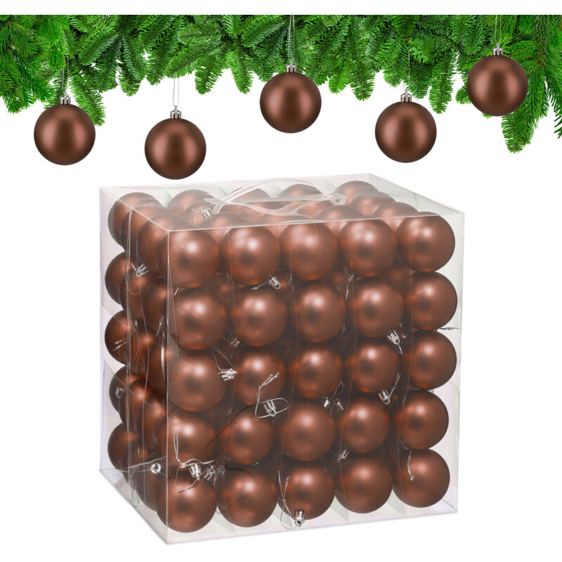 Relaxdays - Christmas Baubles, Set Of 100, Festive Tree Ornaments, D, 6 Cm, Holiday Decorations, Plastic, Matte, Brown