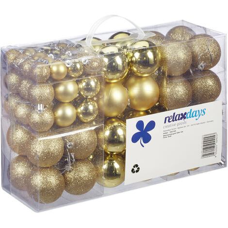 Relaxdays Christmas Baubles Set of 100, Festive Ornaments, Matt, Shiny, Glitter, Tree Balls ∅ 3, 4 & 6 cm, Gold