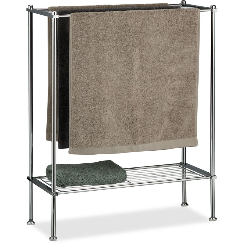 Chrome Towel Holder, 3 Towel Rails, With Shelf, Towel Rack, Sturdy & Stainless, hwd: 79x64x26 cm, Silver - Relaxdays