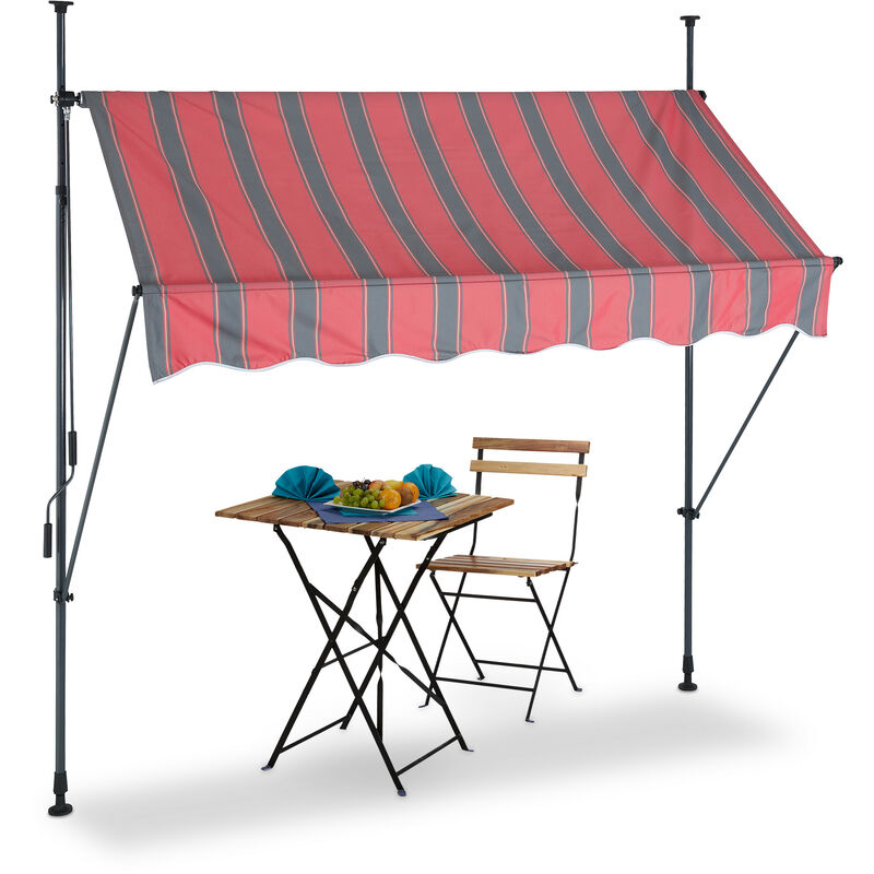 Clamp Awning, 200 x 120 cm, Height Adjustable, No Drilling Required, uv Protection, Grey/Red - Relaxdays