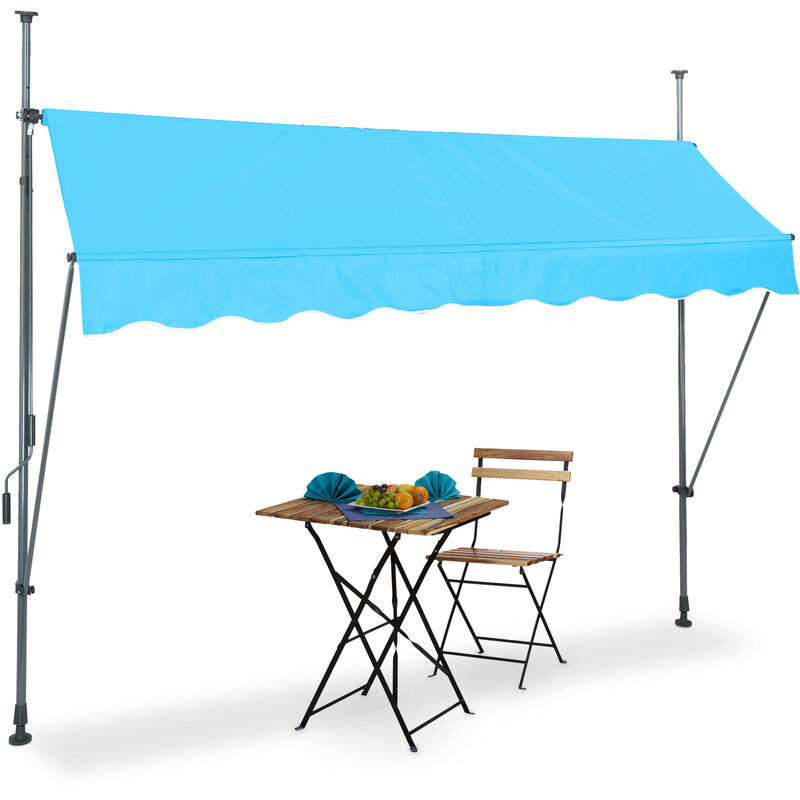 Clamp Awning, 250 x 120 cm, Height Adjustable, No Drilling Required, uv Protection, Light Blue/Grey - Relaxdays