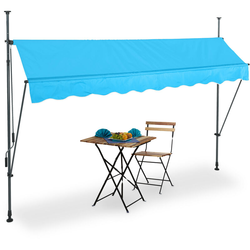 Clamp Awning, 300 x 120 cm, Height Adjustable, No Drilling Required, uv Protection, Light Blue/Grey - Relaxdays