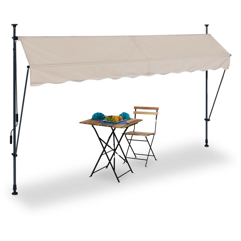 Relaxdays Clamp Awning, 300 x 120 cm, Height Adjustable, No Drilling Required, UV Protection, Sand/Grey