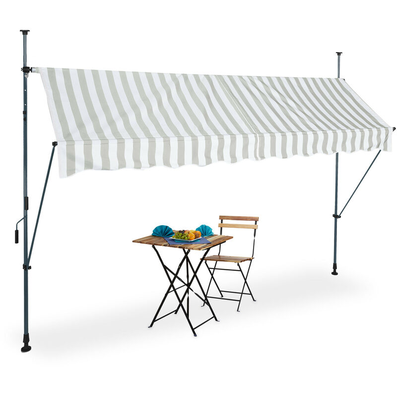 Clamp Awning, 300 x 120 cm, Height Adjustable, No Drilling Required, uv Protection, White/Grey - Relaxdays
