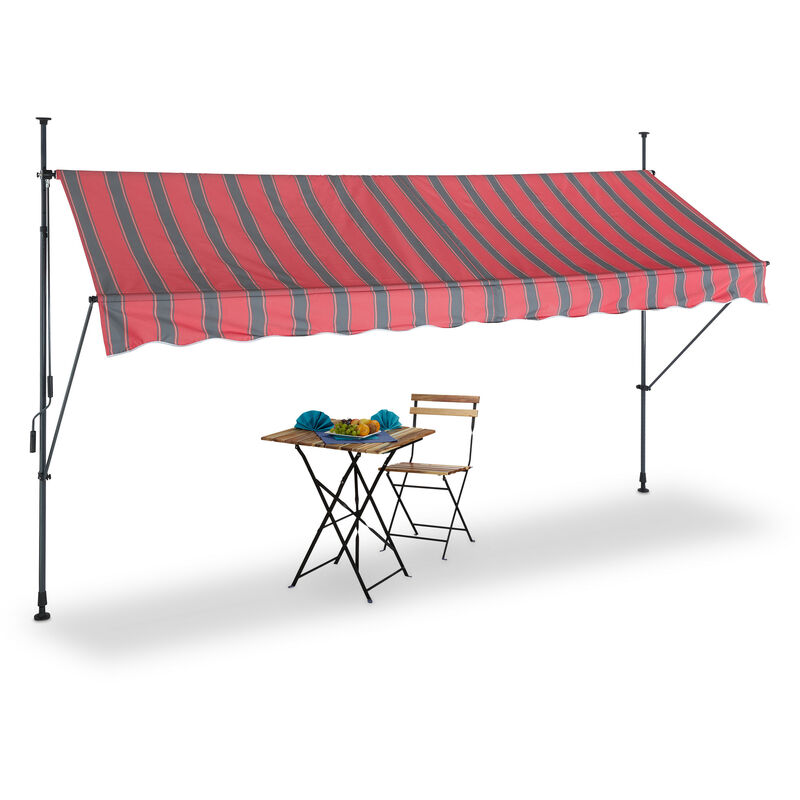 Clamp Awning, 350 x 120 cm, Height Adjustable, No Drilling Required, uv Protection, Grey/Red - Relaxdays