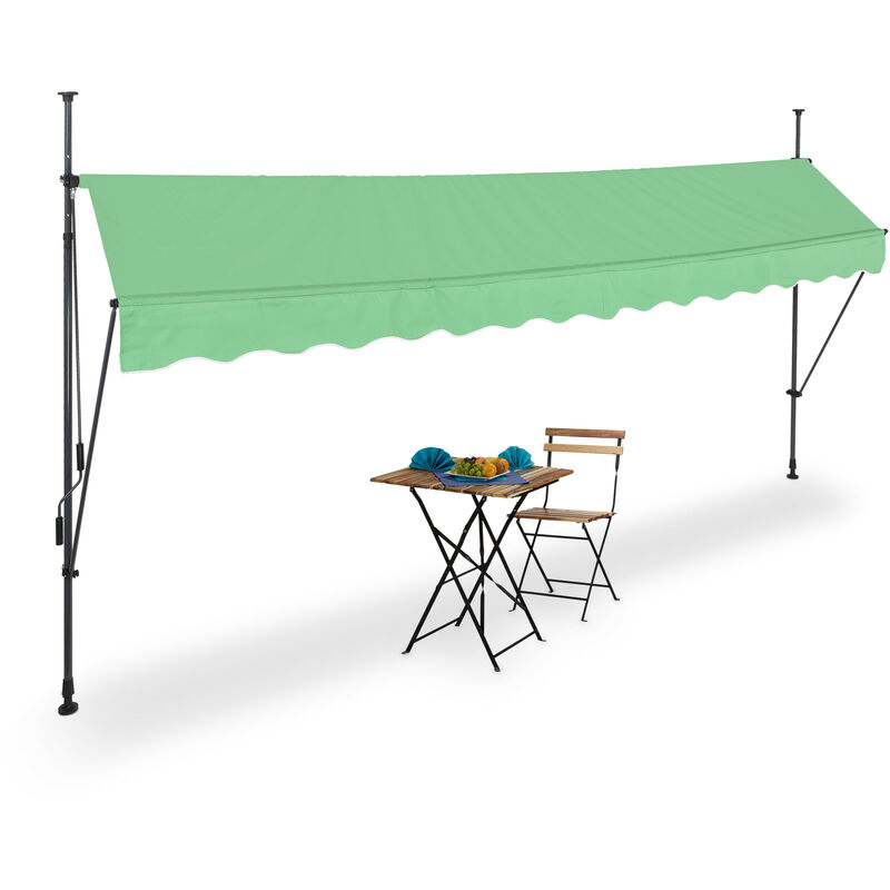 Clamp Awning, 400 x 120 cm, Height Adjustable, No Drilling Required, uv Protection, Green/Grey - Relaxdays