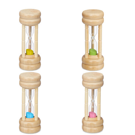 Relaxdays Clessidra, Set 4 Timer da Cucina 30sec, 1min, 3min, 5min, HxD 10x4, Orologio per Bambini, Colorato, 70% Legno 30% Vetro