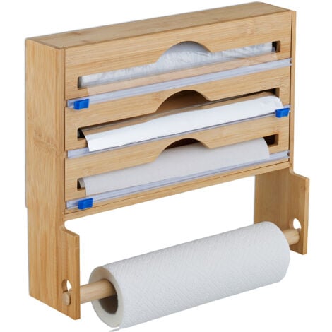 Relaxdays Cling Film Dispenser, with Kitchen Roll Holder, Foil & Baking Paper, Wall-Mounted, 31x36x10 cm, Bamboo, Brown