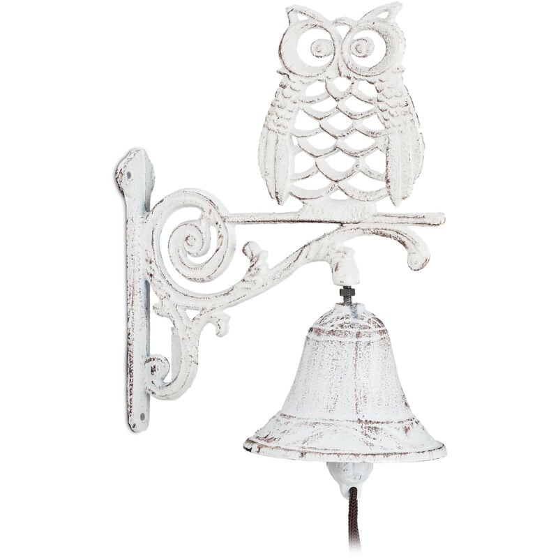 Relaxdays - Cloche murale de porte, lot de 4, fonte de fer, chouette, design antique, avec corde, résistant aux intempéries, blanc