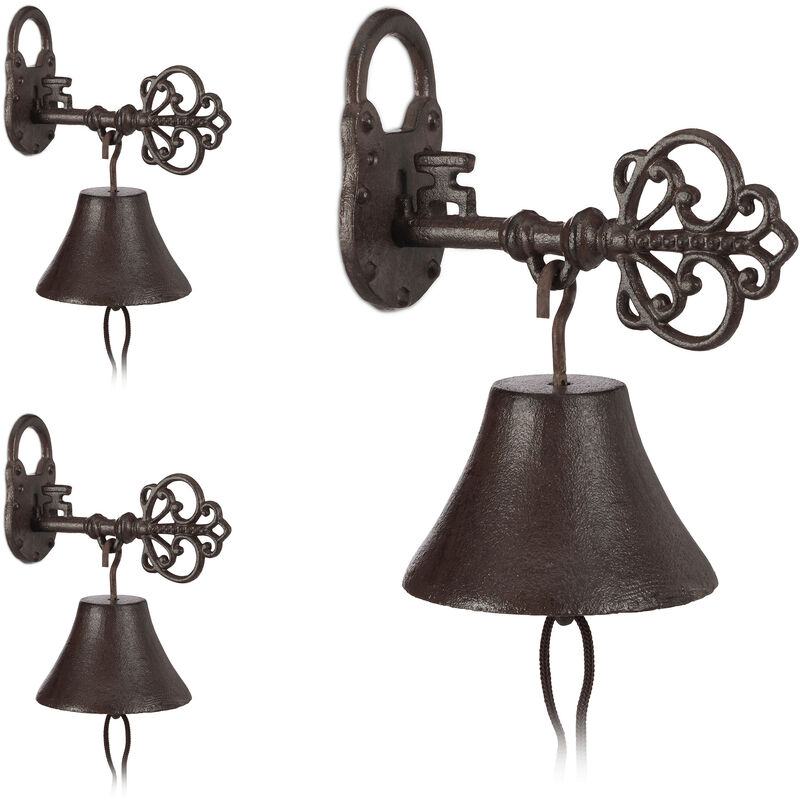 3x Cloches Porte Sonnette Fonte, Clé et Cadenas, Charme nostalgique, pour Maison et Jardin, Rustique, Brun Rouille