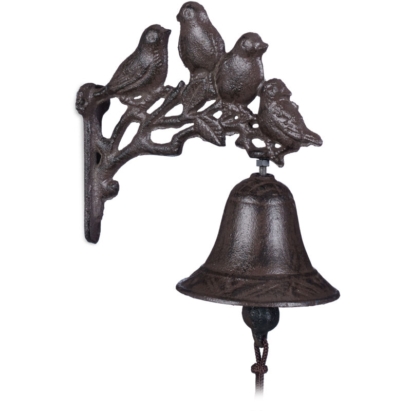 Relaxdays - Clochette de porte en fonte, lot 4, Motif oiseau, Antique, Style maison de campagne Cloche murale décoration, brun