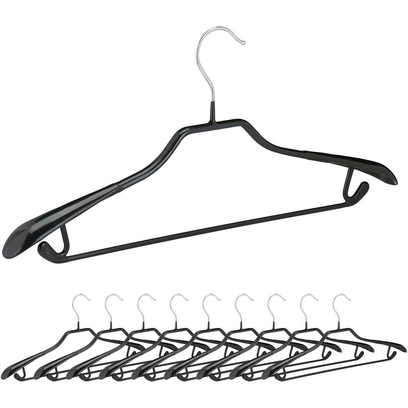 Relaxdays Clothes Hangers for Suits, Set of 10, Coat Hangers, Metal with Rubber, Non-slip, Compact, 45 cm, Black