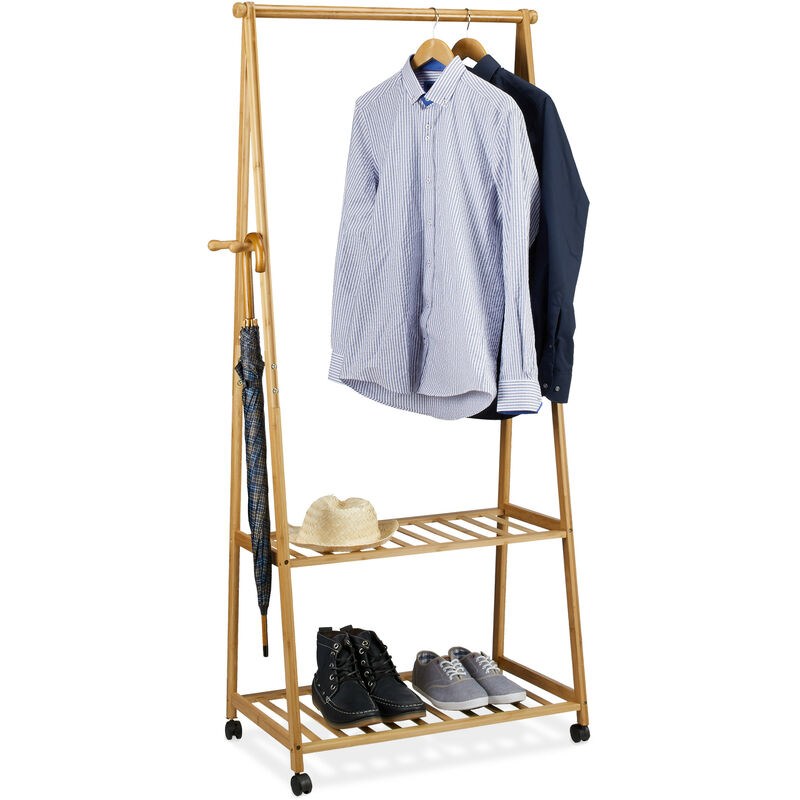 Clothes Stand on Wheels, Bamboo, 2 Shoe Shelves, Garment Rail, HxWxD: 166 x 84 x 45 cm, Mobile Wardrobe, Natural Brown - Relaxdays