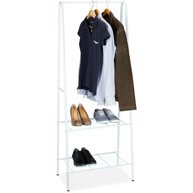 Coat Rack with Shoe Storage sandra, Metal, Wide, Clothes Rail, 2 Shelves, HxWxD: 160 x 61.5 x 38 cm, White - Relaxdays