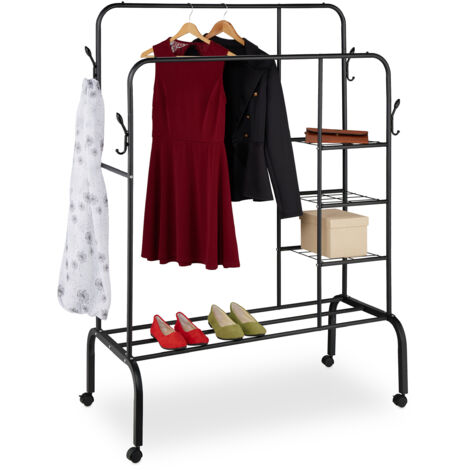 Relaxdays Clothing Rack, Double Clothes Rail with Wheels & Shelves, 154x110x55 cm, Freestanding Wardrobe, Metal, Black