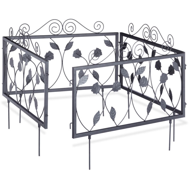 Relaxdays - Clôture décorative de jardin en métal, 8 panneaux extérieurs avec feuilles, bordure de jardin vintage, 4,5 m, noir