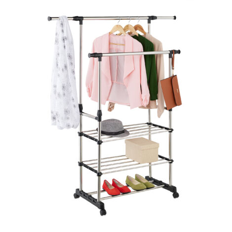 Relaxdays coat rack, rollable, adjustable, double rail & shelves, 86–147 cm height, 84–141 cm width, silver/black