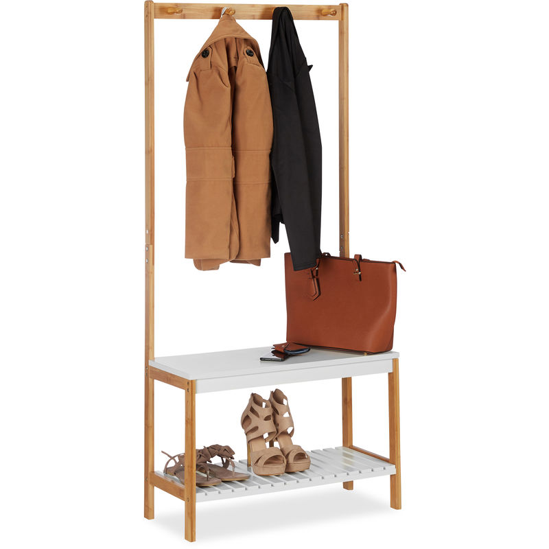 Coat Stand with Shoe Rack, 4 Clothes Hooks, Shelf, Bamboo & mdf, hwd 150 x 70.5 x 30 cm, Natural-White - Relaxdays