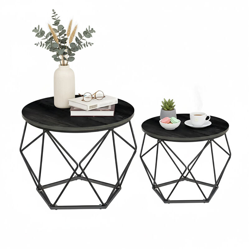 Relaxdays Coffee Table Set, 2 Pcs, Wood-look & Metal, Vintage, Round Side Tables, Living Room & Bedroom, Black