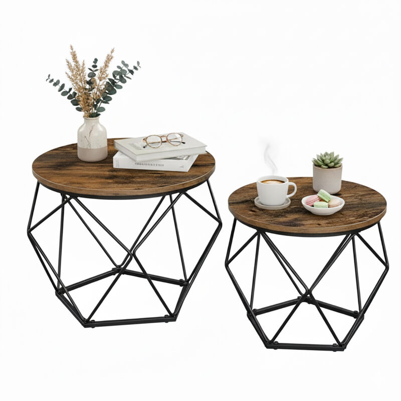 Relaxdays Side Tables, Set Of 2, Wood-look & Metal, Industrial Design, Round, Living Room, Brown/black