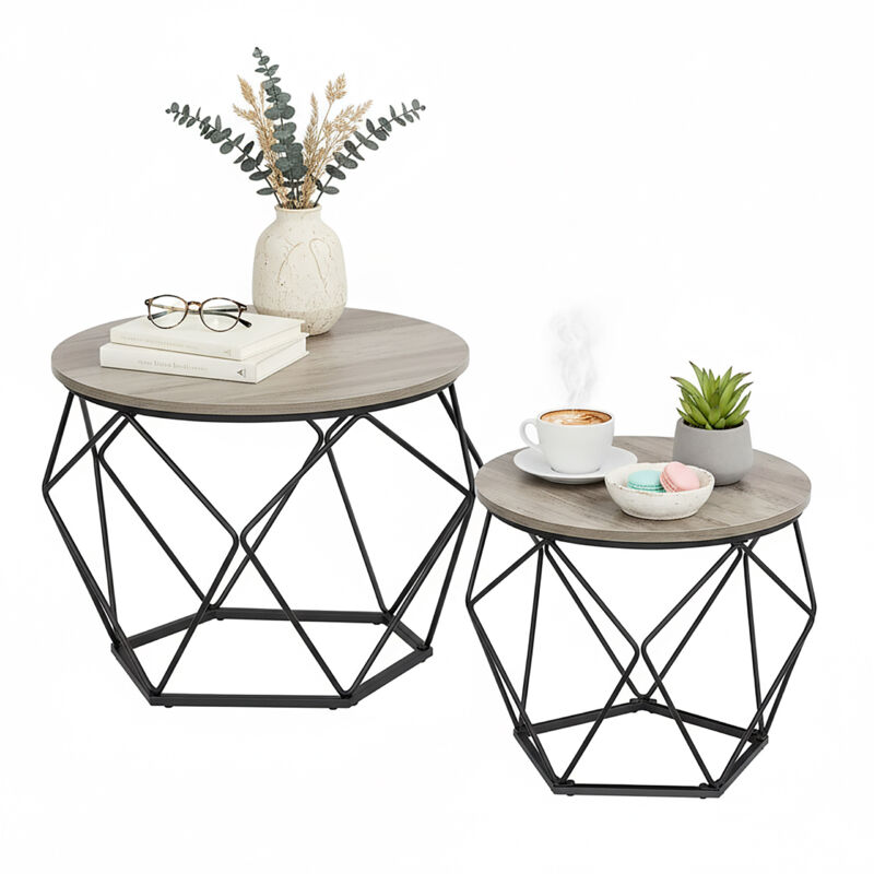 Relaxdays Coffee Table Set, 2-piece, Wood-effect & Metal, Vintage, Round Side Tables, Living Room, Brown/black