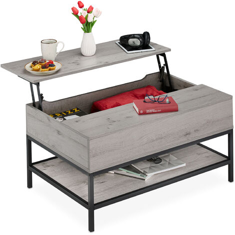 Relaxdays Coffee Table, with Lift Top, Living Room with Storage Space, Wooden Look, HxWxD: 45.5 x 90 x 60 cm, Grey/Black
