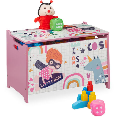 Relaxdays coffre à jouets, avec motif d'héroïne, coffre à jouets avec couvercle, HxLxP : 39x60x36,5 cm, MDF, rose/blanc