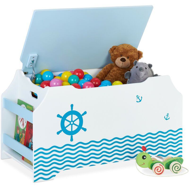 Coffre à jouets, motif maritime, malle, couvercle, hlp : 46x84x42,5 cm, range-livres, bac peluches, bleu-blanc - Relaxdays