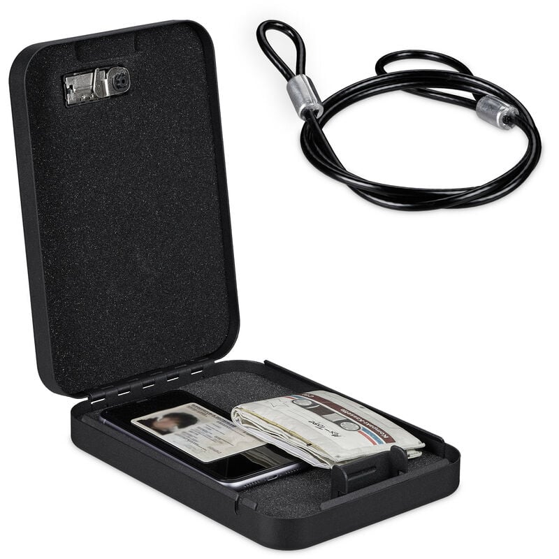 Relaxdays - Coffre-fort avec code, nomade, avec câble de sécurité, acier, h x l x p: 5,5x17x25 cm, noir