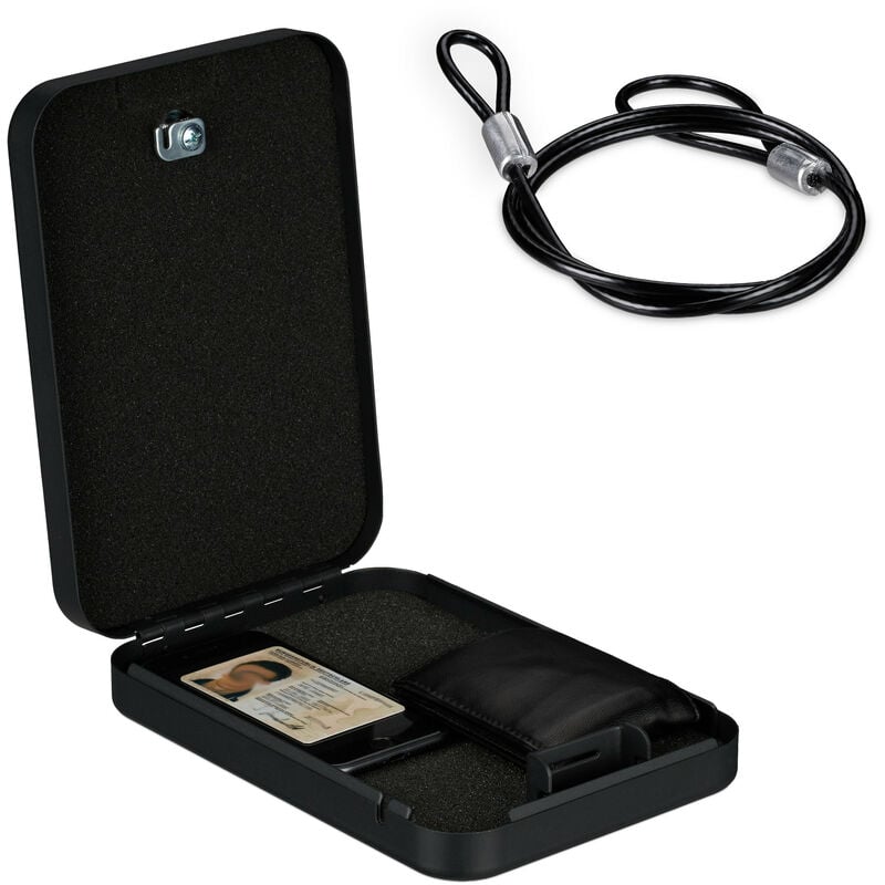 Relaxdays - Coffre-fort verrouillable, 2 clés, nomade, câble de sécurité, acier, h x l x p: 5 x 17 x 25 cm, noir