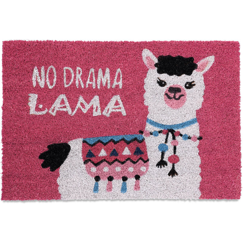 Relaxdays Coir Doormat, Llama Print, 'no Drama Lama', 40 X 60 Cm, Non-slip Welcome Mat, Indoors & Outdoors, Pink/white