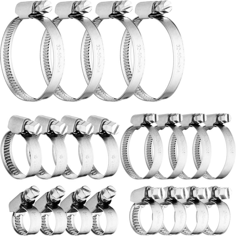 Relaxdays - Collier de serrage, lot de 20, 5 tailles, 8-50 mm, pour tuyaux, machine à laver, voiture, piscine, argenté