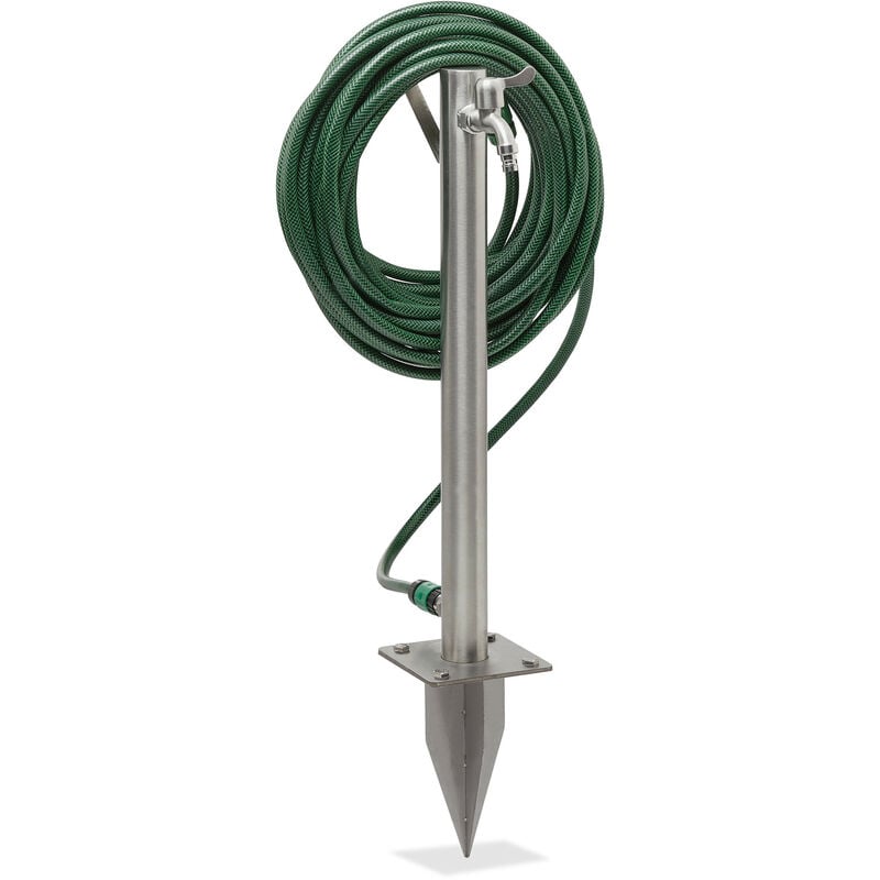 Colonne d'eau avec piquet et support tuyau, hlp : 66x29x15 cm, arrivée d'eau jardin, ronde, en inox, argenté - Relaxdays