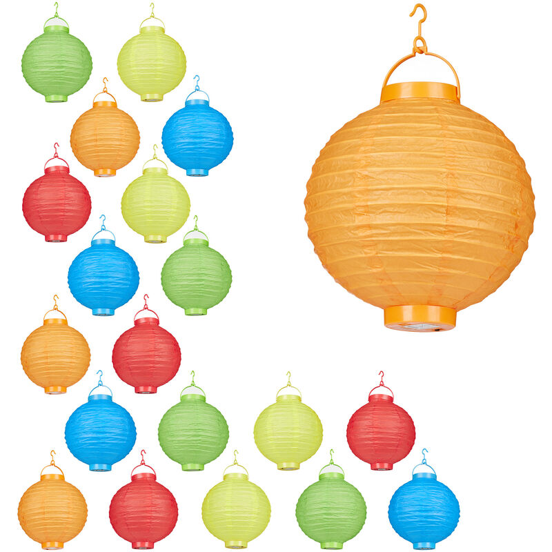 Relaxdays Colourful LED Lampions, 20-Piece Set, Battery-Powered, Indoor & Outdoor, Hangable, Paper Lantern, Ø 20 cm