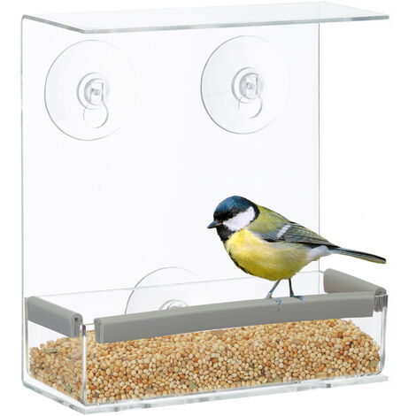 Relaxdays Comedero Pájaros Rectangular Acrílico, Alimentador Aves, para la Ventana, 16,5 x 15 x 7,5 cm, Transparente